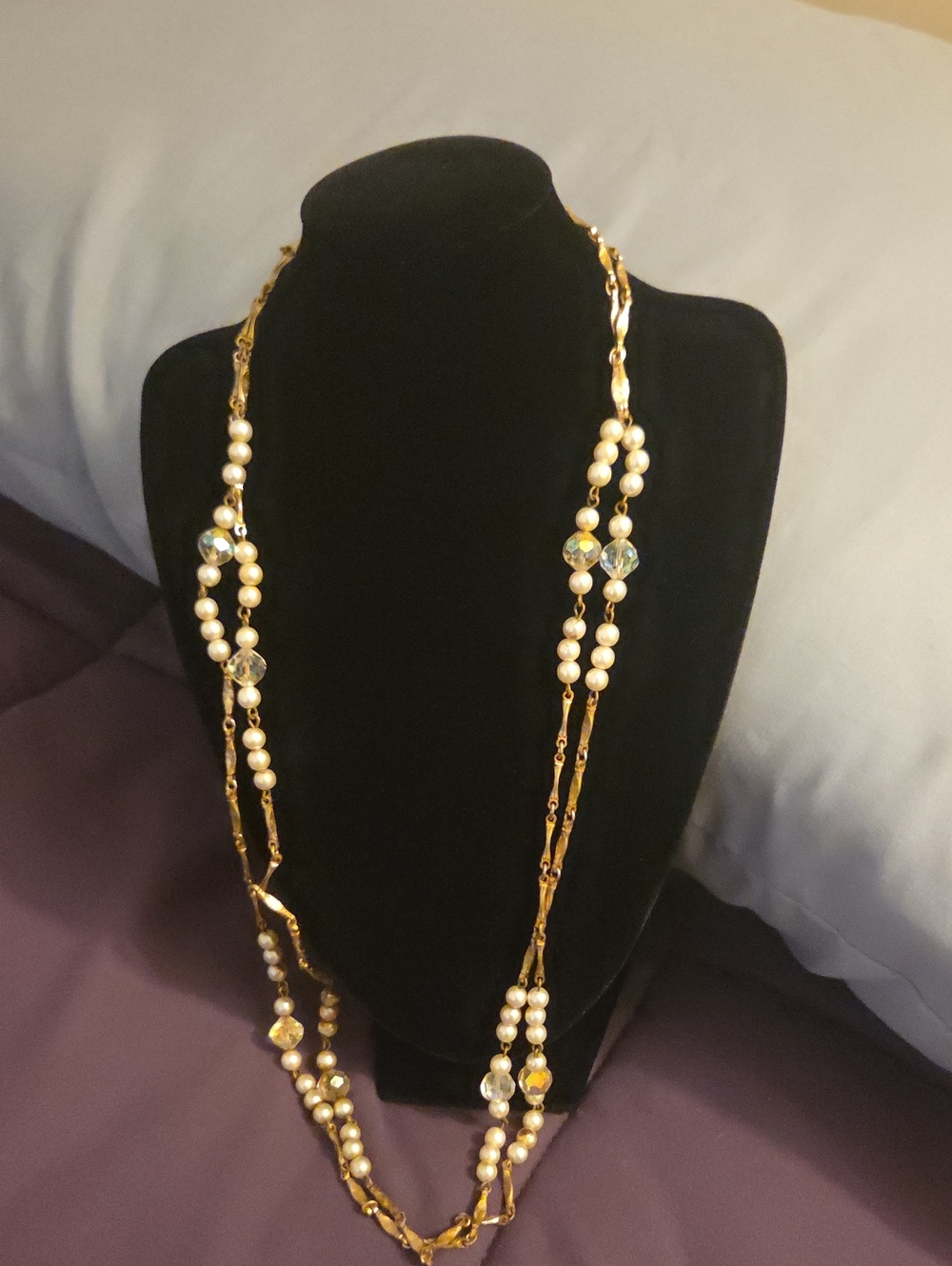 Source Unknown Gold-Tone Pearl and Crystal Station Long Necklace